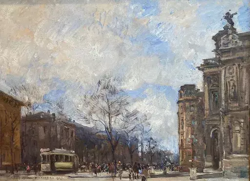 Rudolf SCHRAMM-ZITTAU - Painting - Augsburger Strassenszene im Vordergrund das Stadttheater