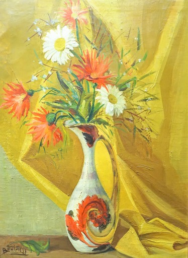 Angeles BENIMELLI - Painting - Vase with white and red daisies