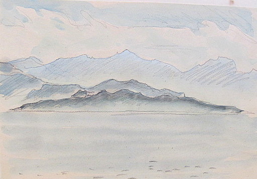 Paul MECHLEN - Disegno Acquarello - Bergige Küste am Meer. 