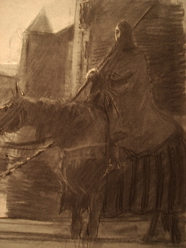 Ulpiano CHECA Y SANZ - Dibujo Acuarela - Guerrier à cheval, avec lance,  devant le château