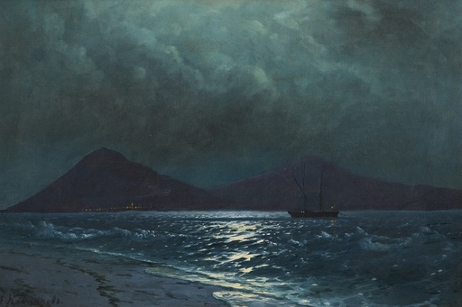 Grigory Odissevich KALMYKOV - Pintura - Crimean moonlit view two-masted ship at anchor
