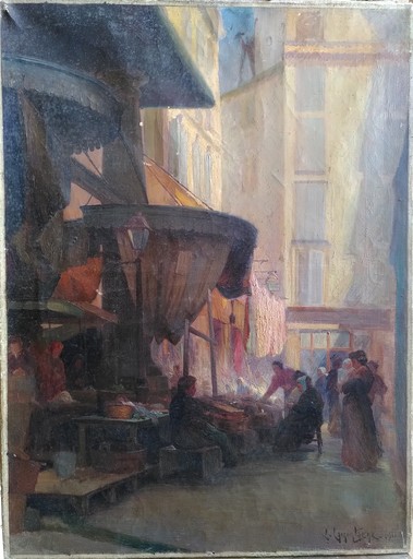 Émile Pierre B. DE LA MONTAGNE - Painting - Sans titre - Scène de marché