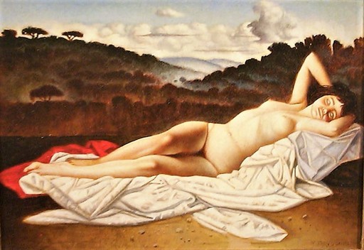 Walter JERVOLINO - Pintura - Nudo sdraiato con paesaggio