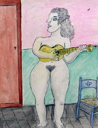 Francisco VIDAL - Dessin-Aquarelle - Girl Nude with Guitar