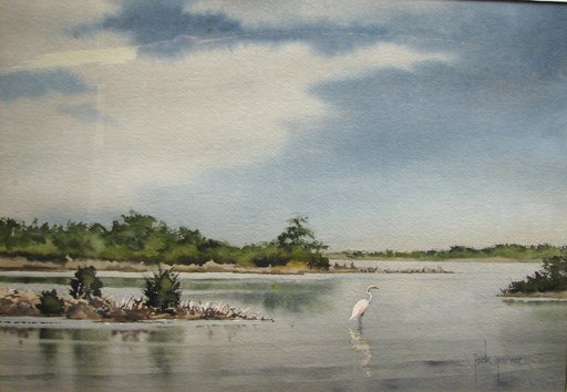Jack GARVER - Drawing-Watercolor - Great Egret Stalking Prey