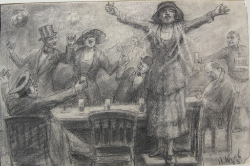 Heinz KROH - Drawing-Watercolor - Weiberfastnacht, Damensitzung in einer kölner Wirtschaft.