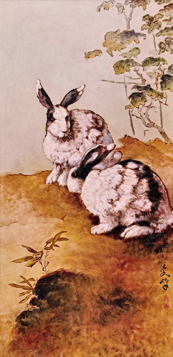 李曼峰 - 绘画 - Two Rabbits in the Yard, by Lee Man Fong