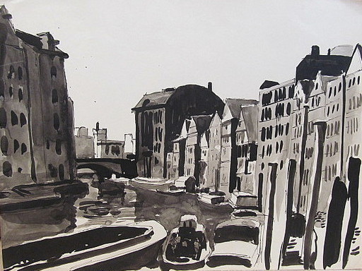 Paul MECHLEN - Drawing-Watercolor - Fleet in der Hamburger Altstadt. 