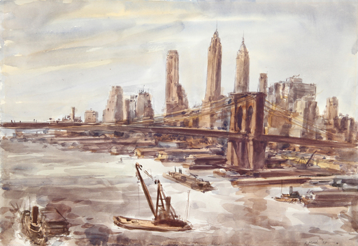 Reginald MARSH - Drawing-Watercolor - Brooklyn Bridge and Lower Manhattan 2