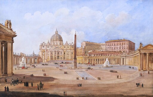 Vincenzo GIOVANNINI - Drawing-Watercolor - Vue animée de la Place Saint-Pierre à Rome
