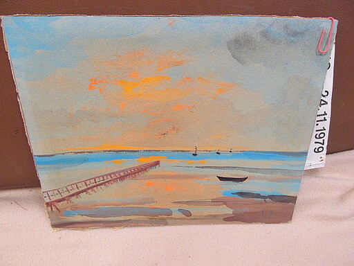Alfred WERNER - Dibujo Acuarela - Boote im Hafen im Sonnenuntergang