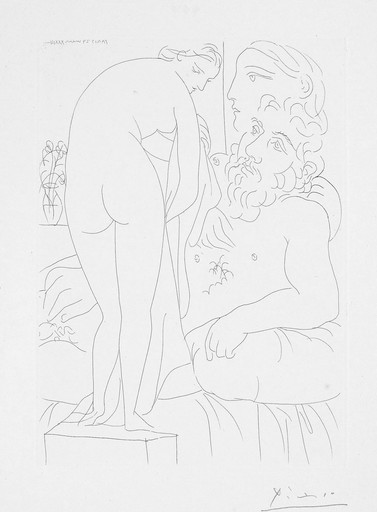 巴勃罗•毕加索 - 版画 - Repos du sculpteur devant un nu à la draperie -Vollard Suite