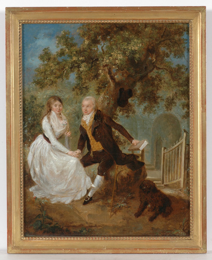 Joseph REINHART - Pittura - "Young couple before village church" oil on canvas