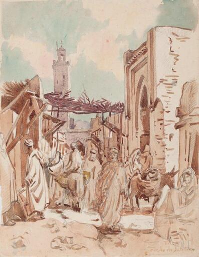 B. CONDE DE SATRINO - Drawing-Watercolor - Morocco – Taza – A street in the souk