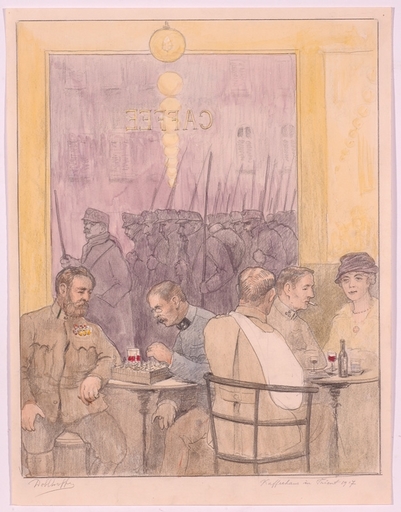Robert Heinrich VON DOBLHOFF - Drawing-Watercolor - "Cafe in Trient, WWI", 1917, Watercolor