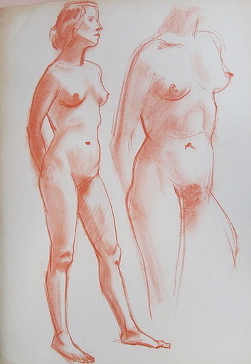 Paul MECHLEN - Disegno Acquarello - 2 nackte Frauen. 