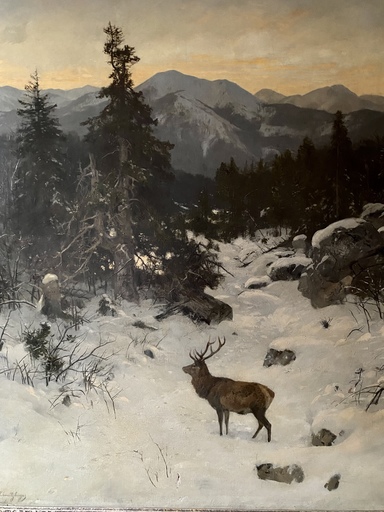 Josef SCHMITZBERGER - Peinture - Hirsch auf verschneiter Waldlichtung