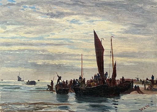 William Lionel WYLLIE - Peinture - Fishermen Unloading Day's Catch Sail Boats Horse Windmill