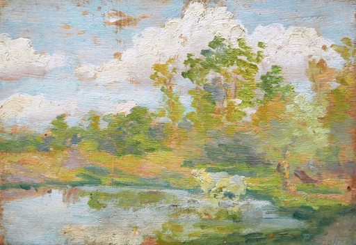 Paul SIEFFERT - Peinture - Clairière arborée et Bêtes s'abreuvant dans un étang