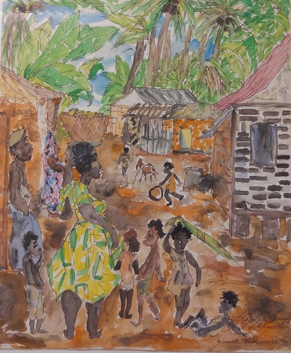 Hippolyte ROMAIN - Disegno Acquarello - Un Village à Mayotte