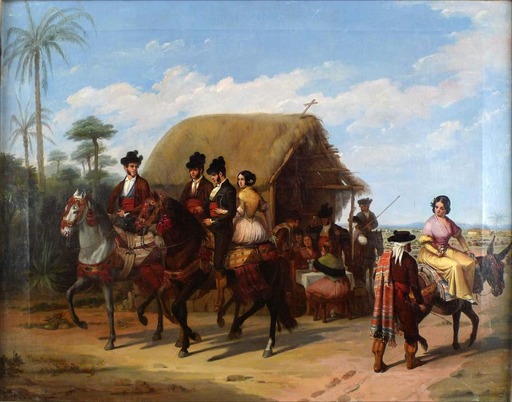 Joaquín DOMINGUEZ BÉCQUER - 绘画 - Riders Passing by a Tavern