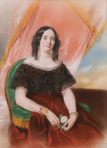 Eugène DEVÉRIA - Dessin-Aquarelle - Portrait de femme tenant une rose