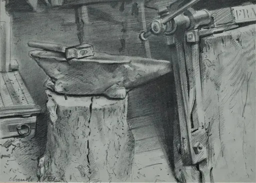 Claude YVEL - Zeichnung Aquarell - Schmiede