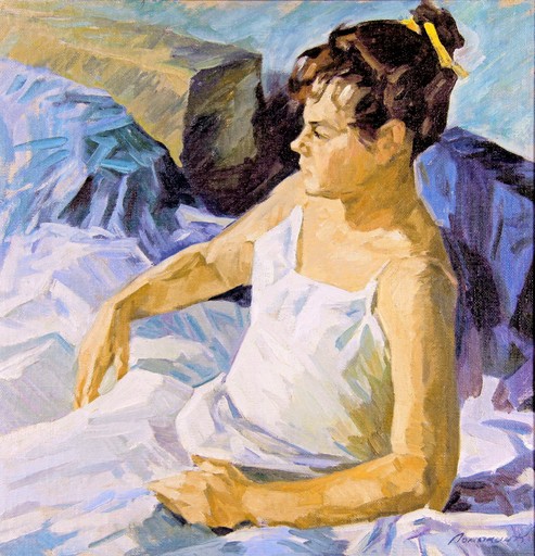 Constantin LOMIKIN - Pittura - Ballet girl in blue, resting