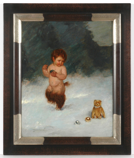 Karl PLÜCKEBAUM - 绘画 - "Little faun and teddybear" oil, early 20th century