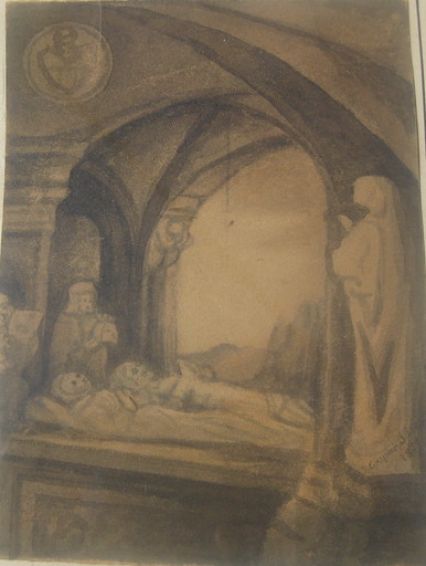 Caspar SCHEUREN - Drawing-Watercolor - Trauernde und betende in einer gotischen Kapelle