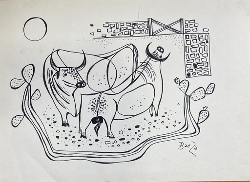 Manuel Gómez BAEZA - Dibujo Acuarela - “ Toros en el campo”