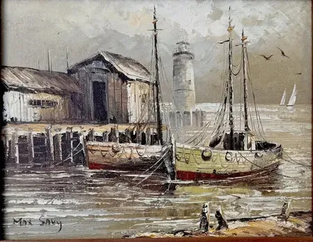 MAX SAVY港の風景 油彩画 MAX SAVY港の風景 油彩画 Vintage Max Savy