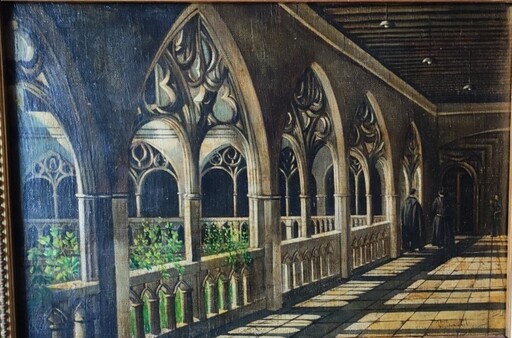Genaro PEREZ VILLAAMIL - Peinture -  Claustro de monasterio con monjes franciscanos