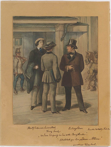 Franz GAUL - Disegno Acquarello - Scene at the Burgtheater in Vienna, 19th Century
