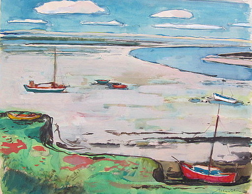 Paul MECHLEN - Drawing-Watercolor - Segelboote und Ruderboote im Watt.