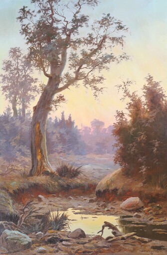 Ernest William CHRISTMAS - Painting - Coolibah Tree by a Billabong at Sunset