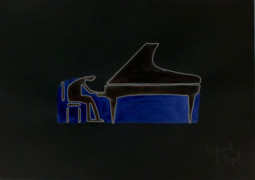 Richard BOIGEOL - Drawing-Watercolor - LE PIANISTE ( Encre BLEUE )