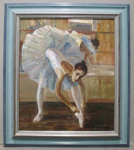 Vassili BRATANUK - Painting - "Young Ballerina Tying Her Point Shoes" by Vasili Brataniuk 