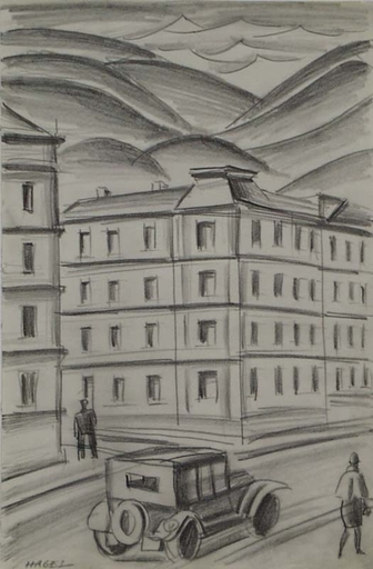 Alfred HAGEL - Drawing-Watercolor - "Street Scene", Drawing