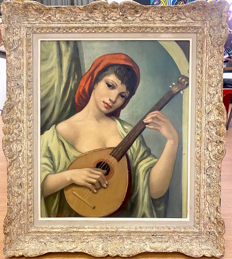 Anatola SOUNGOUROFF - Pittura - La jeune fille à la mandoline 