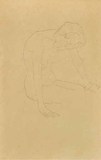 Gustav KLIMT - Disegno Acquarello - Vorgebeugt sitzender weiblicher Akt, Studie im Zusammenhang 