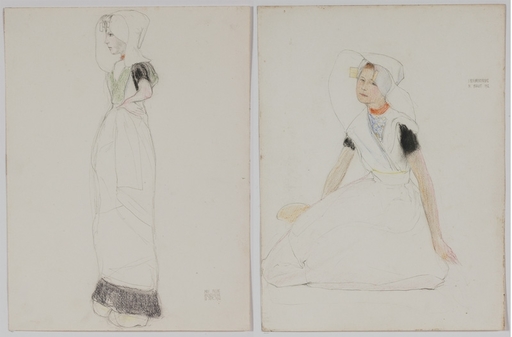 Max POLLAK - Drawing-Watercolor - "Dutch Girls", Two Drawings, 1912