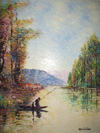 Georges R. QUINIO - Pintura - Le Pêcheur sur la Rivière