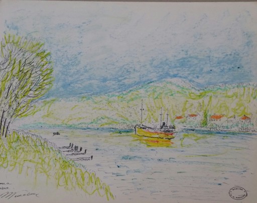 Robert Henri PINCHON - Disegno Acquarello - River Landscape in France