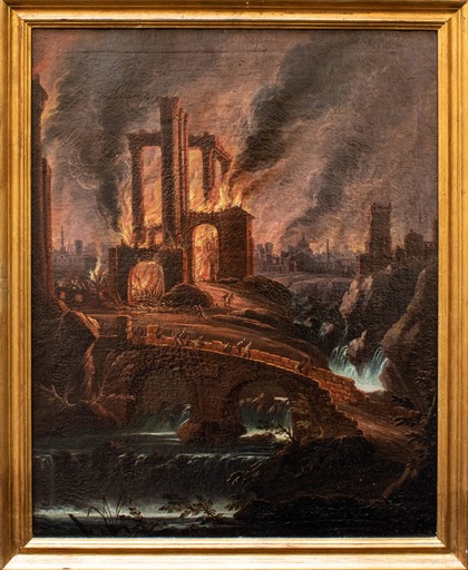 Jan I VAN GREVENBROECK - Painting - Fire scene with architectural ruins