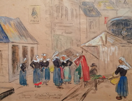 Émile Alfred DEZAUNAY - Zeichnung Aquarell - Le marché à Pont-Aven, Bretagne