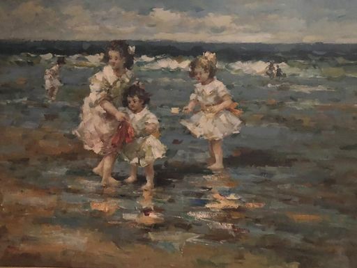 Francis CRISTAUX - Peinture - trois enfants jouant dans la mer 