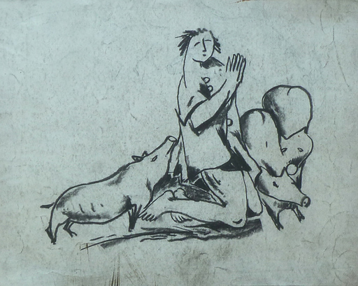 Béla KADAR - Disegno Acquarello - Praying Man with Pigs 