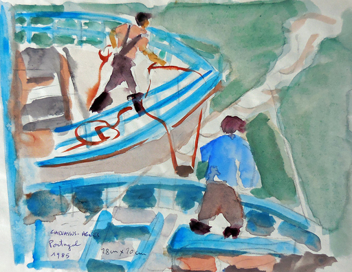 Jean-Pierre CHEVASSUS-AGNES - Disegno Acquarello - artisans marins pêcheurs et leurs filets au Portugal