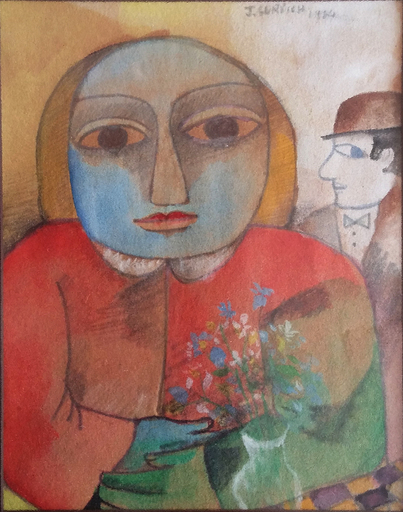 José GURVICH - 水彩作品 - Woman with Vase of Flowers,